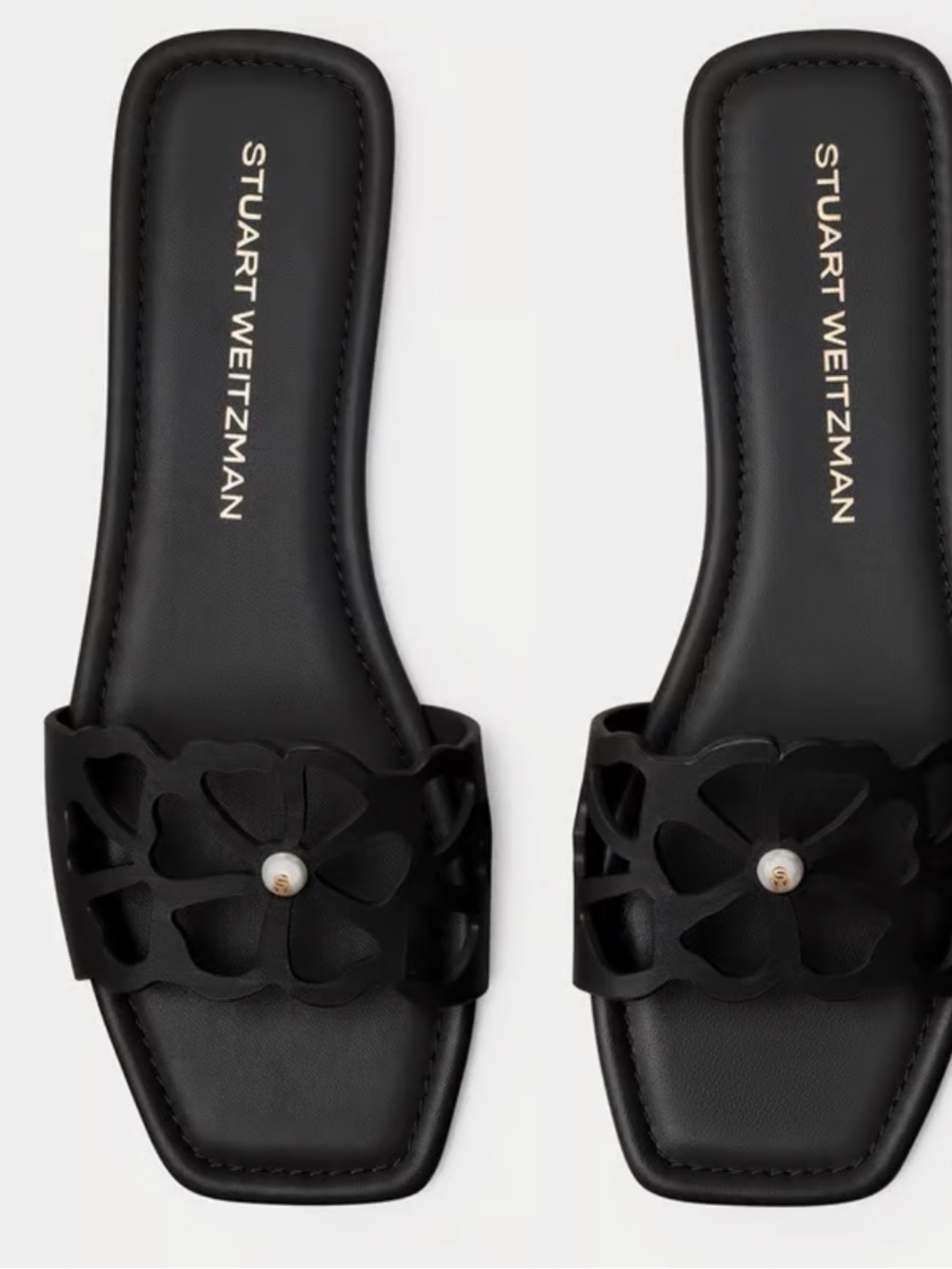 Stuart Weitzman Black Floral Cutout Slide Sandals with Pearl